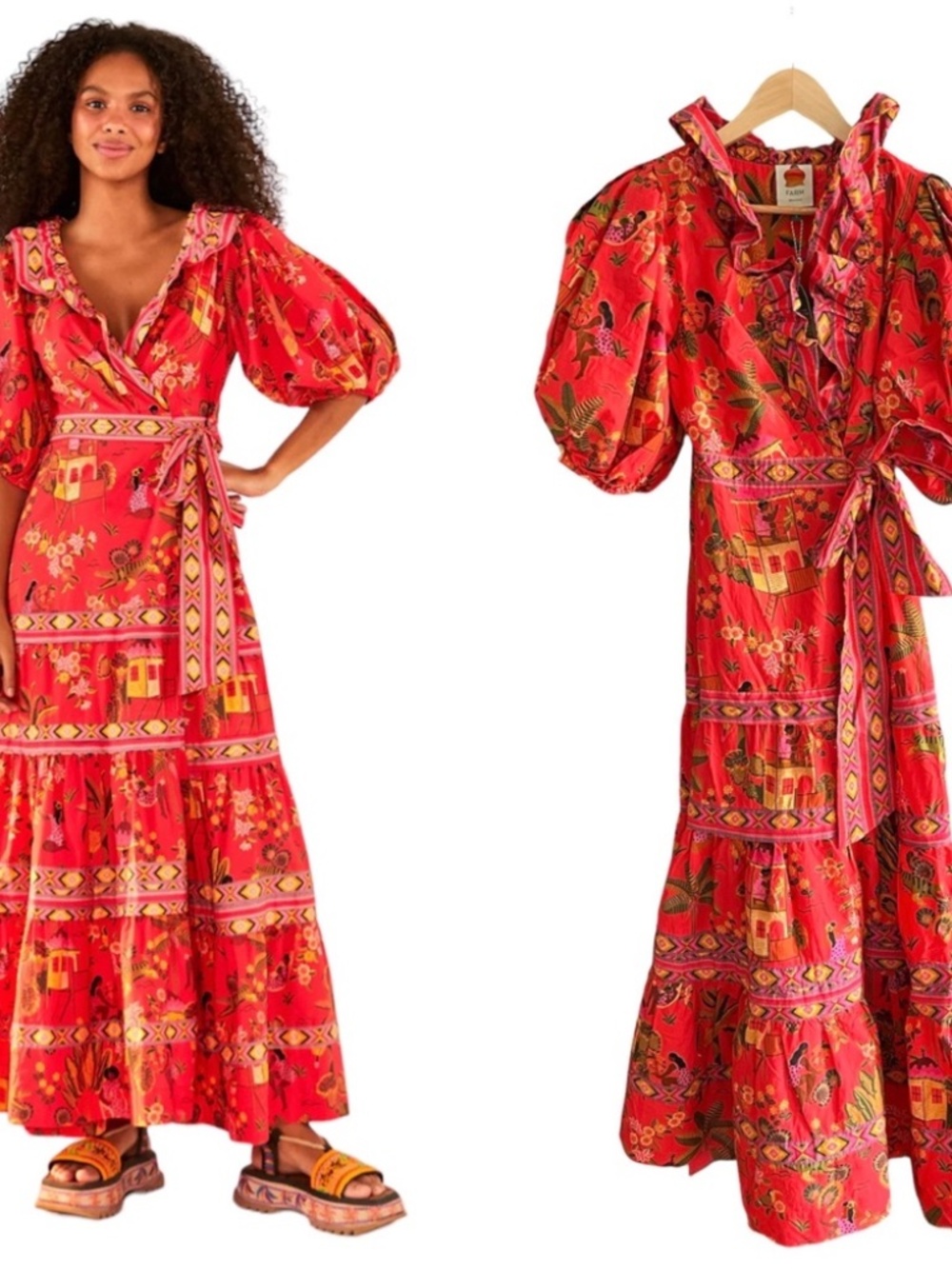 NWT Farm Rio Red Secret Garden Cotton Puffy Sleeve Maxi Dress XL - Picture 2 of 6